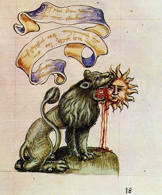 ‘Green Lion Eating the Sun’ illustration from the Rosarium Philosophorum (1550)